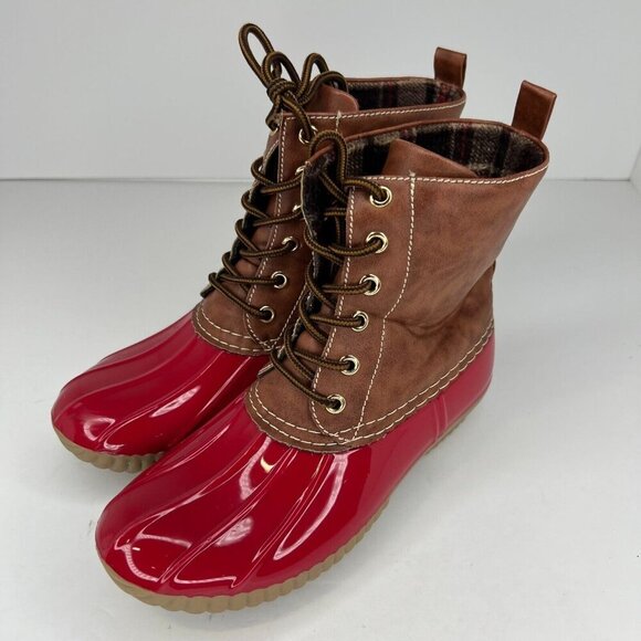 Dr. Scholl's Shoes - Dr Scholl's Women's Red Brown Lace-Up Sleek Waterproof Size 7 Rain Duck Boots